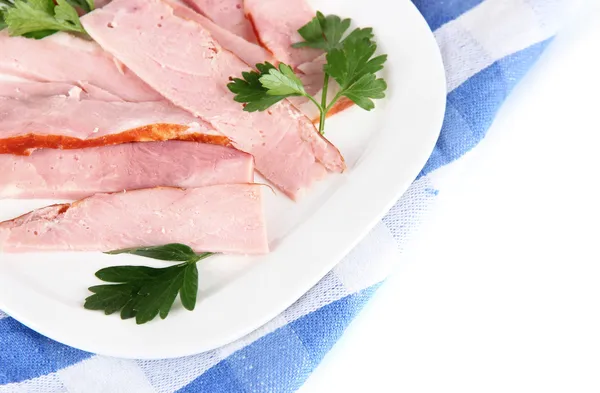 Tocino en placas en servilleta aislada en blanco —  Fotos de Stock