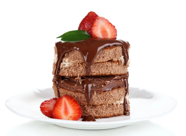 Chocolate cake with strawberry isolated on white — Stock Photo, Image