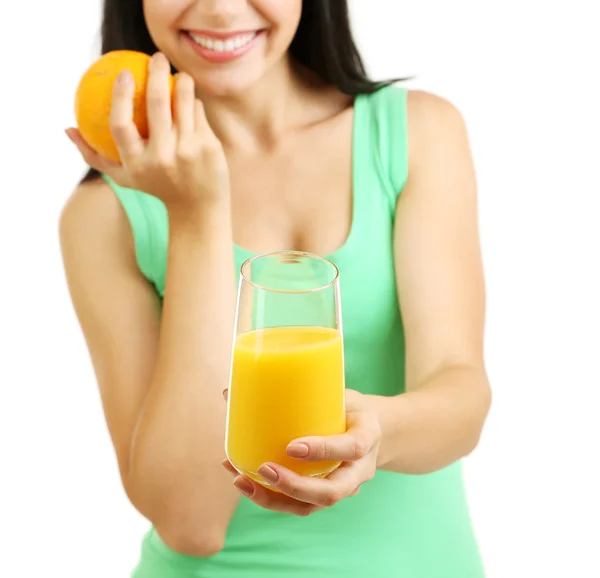 Girl with fresh juice and orange isolated on white Royalty Free Stock Photos