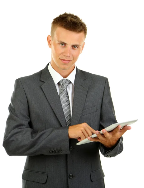 Молодой бизнесмен с ноутбуком изолированы на белом — стоковое фото