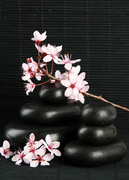 Piedras de spa y flores sobre fondo de bambú — Foto de Stock