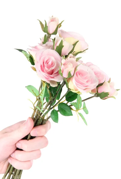 Die Hand eines Mannes mit einer Rose auf weißem Grund — Stockfoto