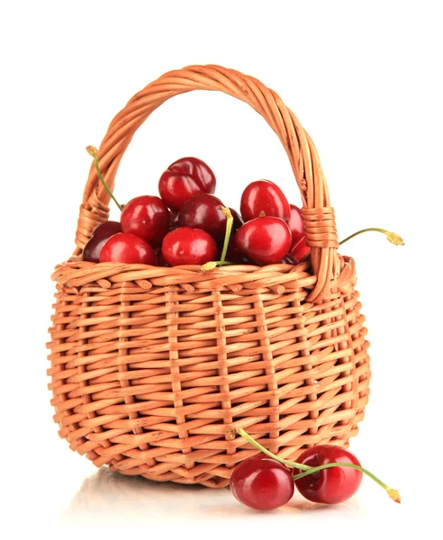 Ripe red cherry berries in basket isolated on white — Stock Photo, Image