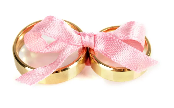 Wedding rings tied with ribbon isolated on white — Stock Photo, Image