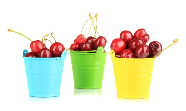 Ripe red cherry berries in pails isolated on white — Stock Photo, Image