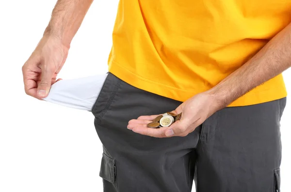 Hombre mostrando su bolsillo vacío, aislado en blanco — Foto de Stock