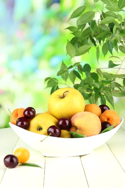 Frutas de verão brilhantes na placa na mesa de madeira no fundo natural — Fotografia de Stock