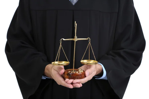 Judge holding scales isolated on white — Stock Photo, Image