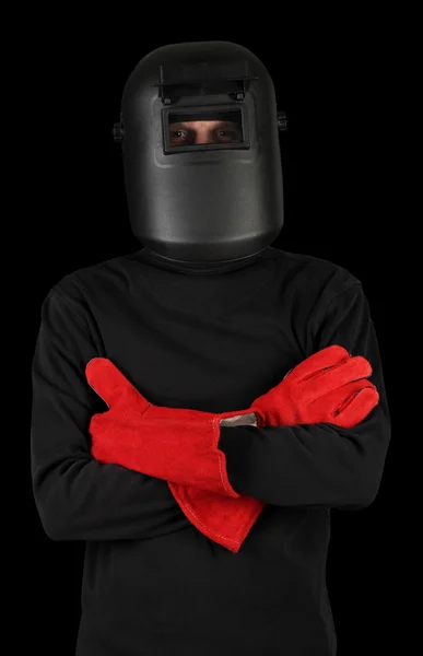 Retrato de soldador em máscara, isolado em preto — Fotografia de Stock