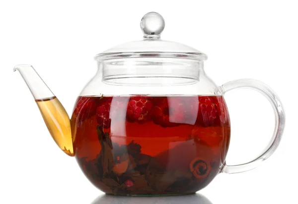 Glass black fruit tea in glass teapot isolated on white — Stock Photo, Image