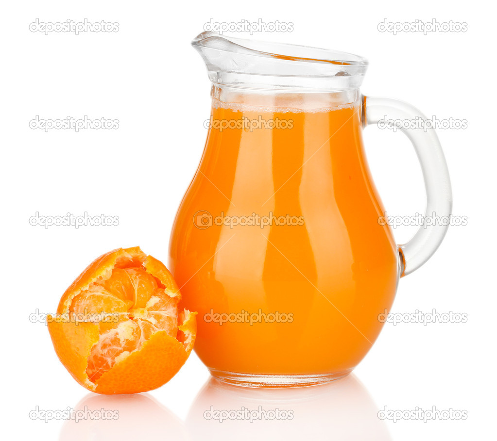 Full jug of tangerine juice, isolated on white — Stock Photo