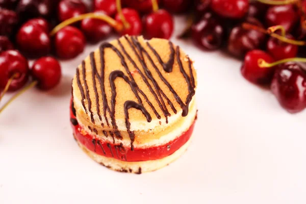 Gâteau au biscuit savoureux et baies isolées sur blanc — Photo