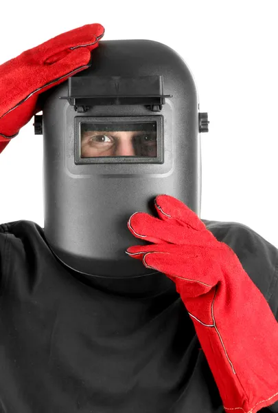 Portrait of welder in mask, isolated on white — Stock Photo, Image