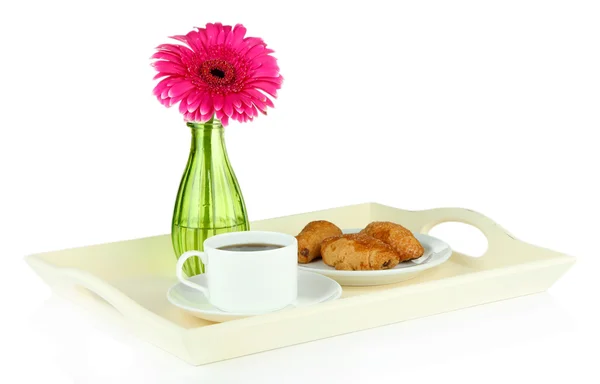 Wooden tray with breakfast, isolated on white — Stock Photo, Image