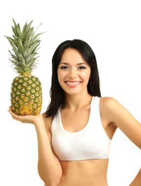 taze ananas üzerinde beyaz izole kız