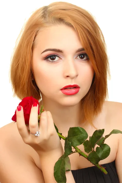 Portrét přitažlivé mladé ženy s červenou růží — Stock fotografie