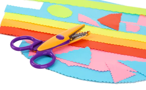 Colorful zigzag scissors with color paper isolated on white — Stock Photo, Image