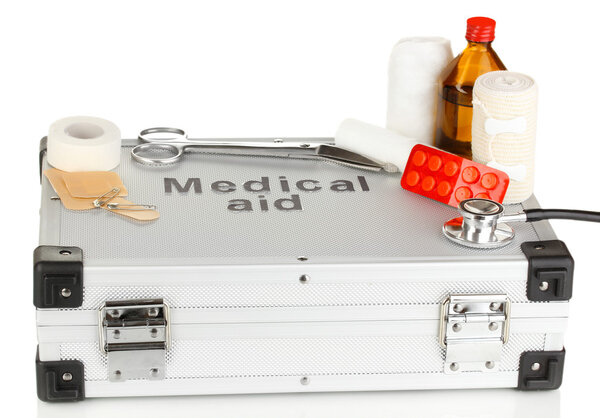 First aid kit for bandaging isolated on white