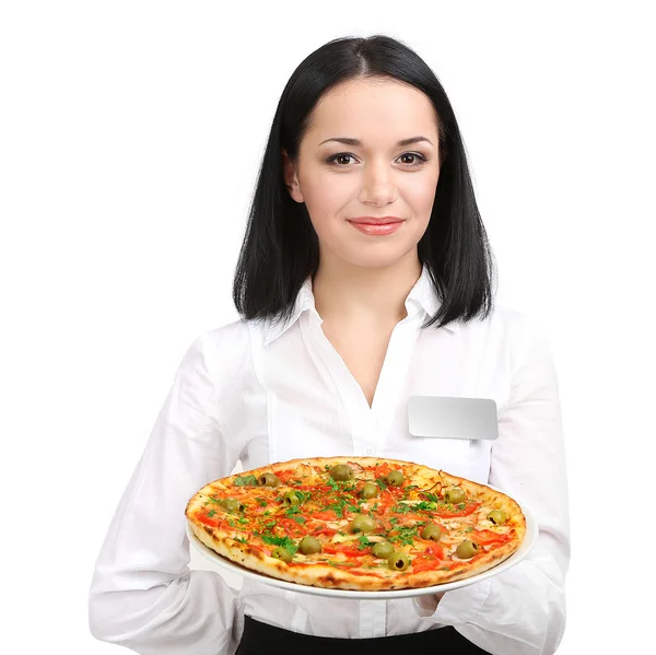 Schöne Kellnerin mit Pizza isoliert auf weiß — Stockfoto