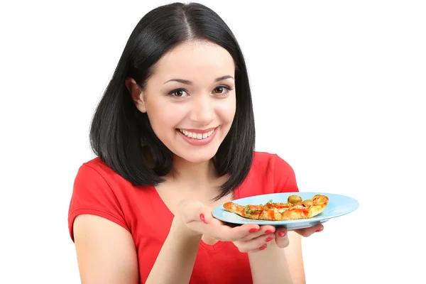 Schöne Mädchen und Pizza isoliert auf weiß — Stockfoto