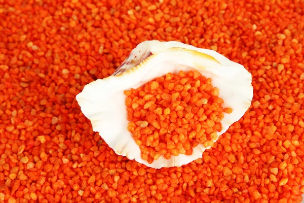Muschel auf orangefarbenen Kristallen von Meersalz Hintergrund — Stockfoto