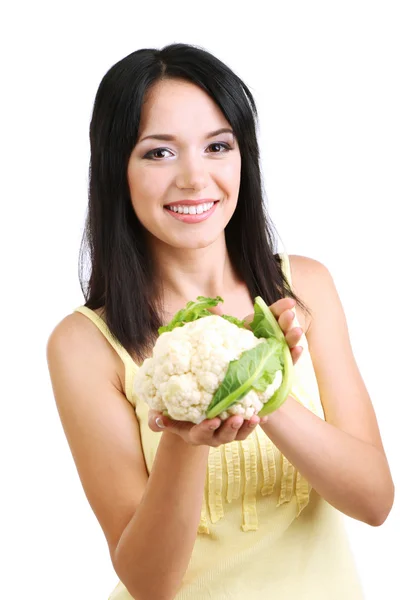Girl with fresh cauliflower isolated on white — Stock Photo, Image