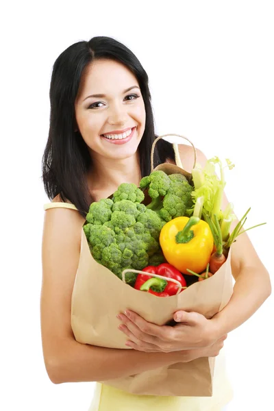 Chica con paquete de alimentos aislados en blanco —  Fotos de Stock