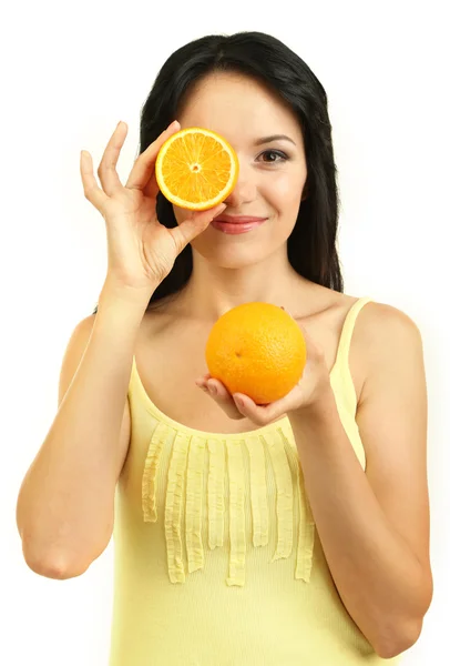 Chica con naranjas frescas aisladas en blanco — Foto de Stock