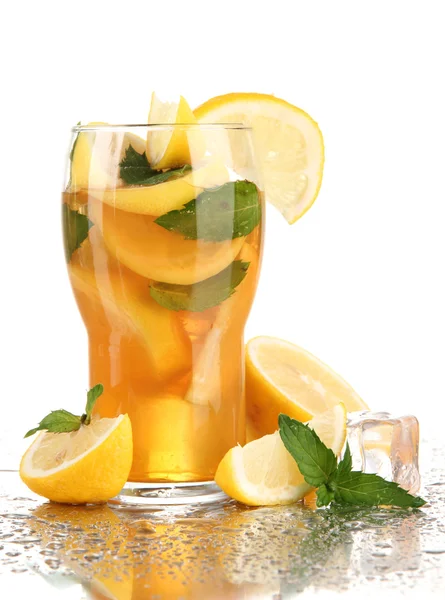 Iced tea with lemon and mint isolated on white — Stock Photo, Image