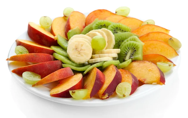 Assortment of sliced fruits on plate, isolated on white — Stock Photo, Image