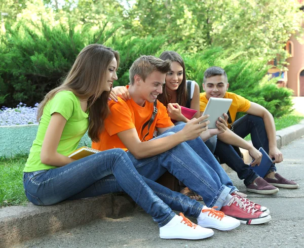 Feliz grupo de jóvenes estudiantes sentados en el parque — Foto de Stock