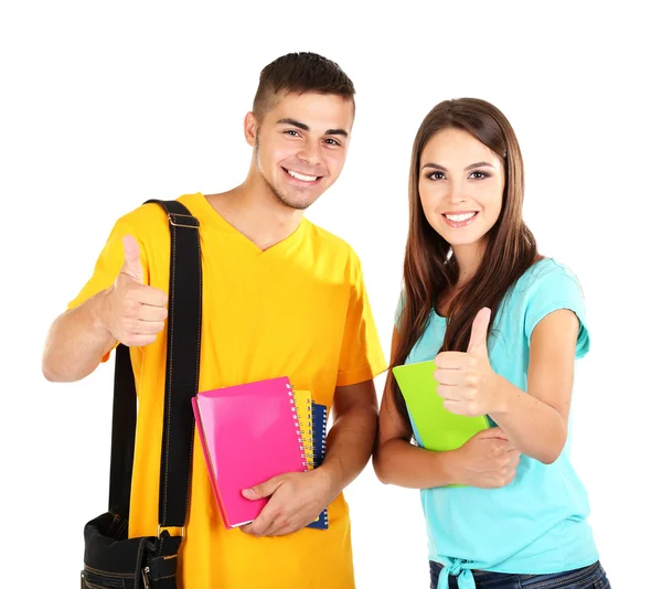 Twee gelukkige mooie jonge mensen, geïsoleerd op wit — Stockfoto