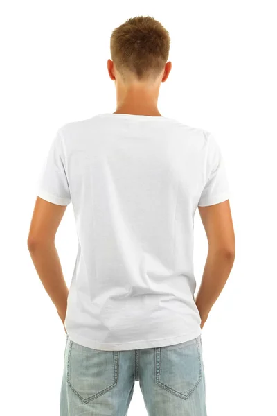 T-shirt üzerine genç adam beyaz izole — Stok fotoğraf