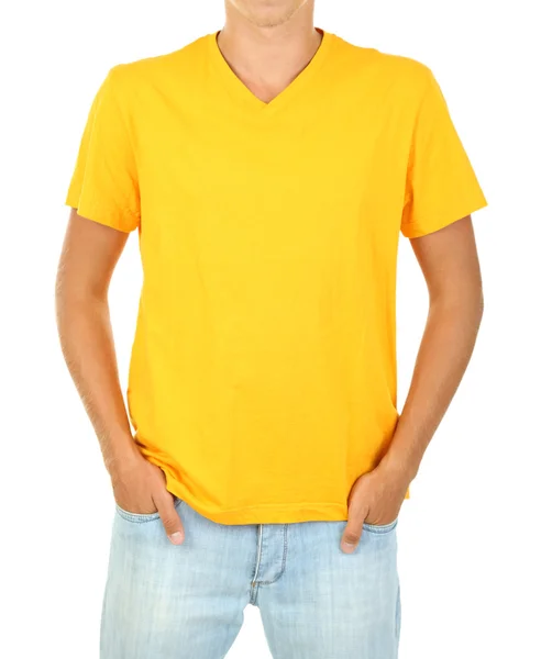 T-shirt på ung man isolerat på vit — Stockfoto