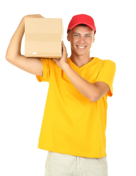 Jovem entregador segurando parcela, isolado em branco — Fotografia de Stock