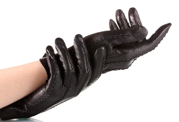 Women's hands in black leather gloves isolated on white — Stock Photo, Image