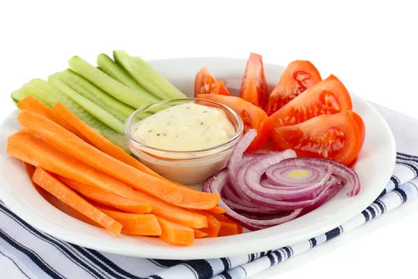 Assorted raw vegetables sticks in plate isolated on white — Stock Photo, Image