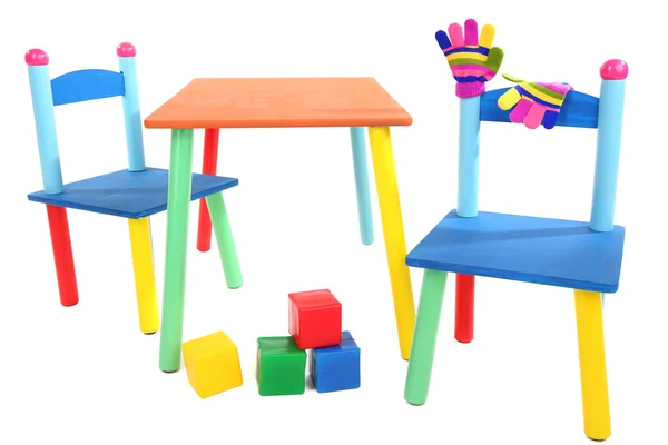 Small and colorful table and chairs for little kids isolated on white — Stock Photo, Image