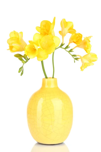 Beautiful bouquet of freesia in yellow vase isolated on white — Stock Photo, Image