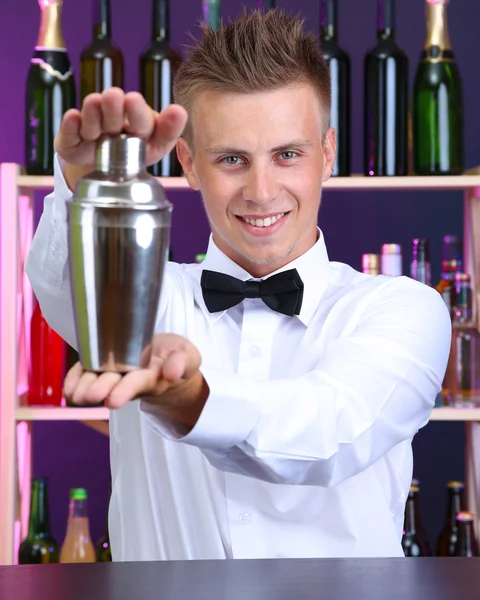 Retrato de belo barman com agitador, no bar — Fotografia de Stock