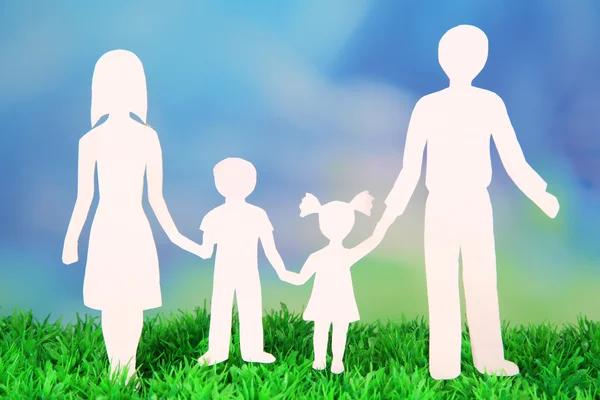 Family from paper on grass on bright background — Stock Photo, Image