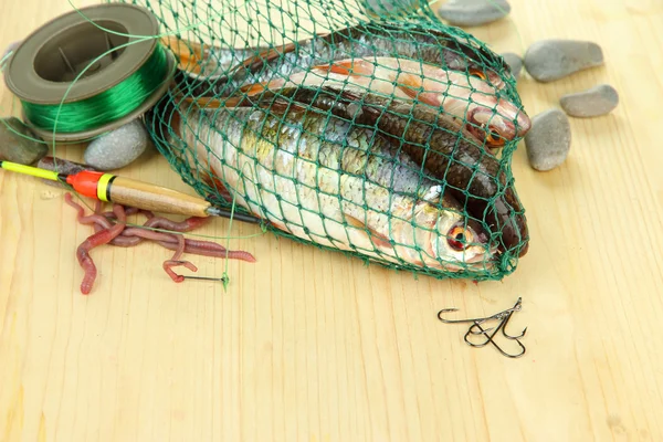 Fishes in fishing net on wooden background — Stock Photo, Image