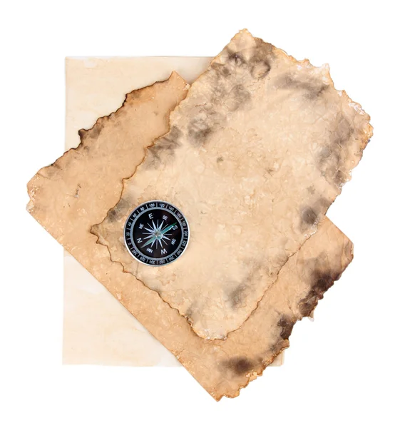 Gamla papper med kompass isolerad på vit — Stockfoto