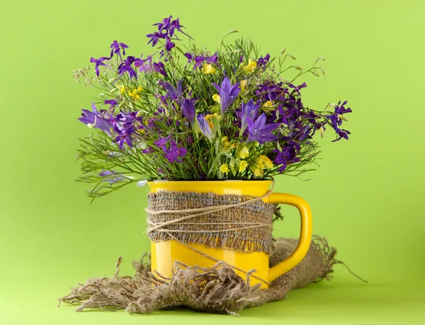 Hermoso ramo de flores silvestres en taza sobre fondo verde —  Fotos de Stock