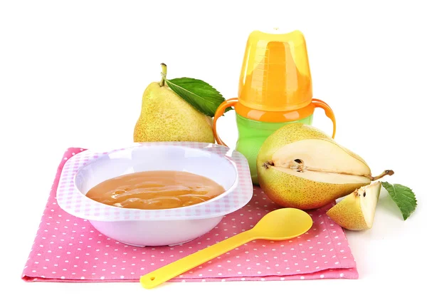 Purea di frutta del bambino gustoso e biberon isolato su bianco — Foto Stock