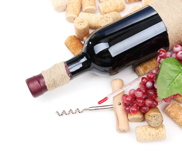 Bottle of wine, grapes and corks, isolated on white — Stock Photo, Image