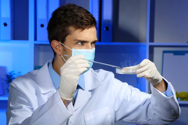 Joven científico de laboratorio con placa de Petri trabajando en laboratorio — Foto de Stock