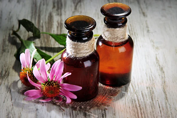 Medicine bottles with purple echinacea flowers on wooden table — Stock Photo, Image