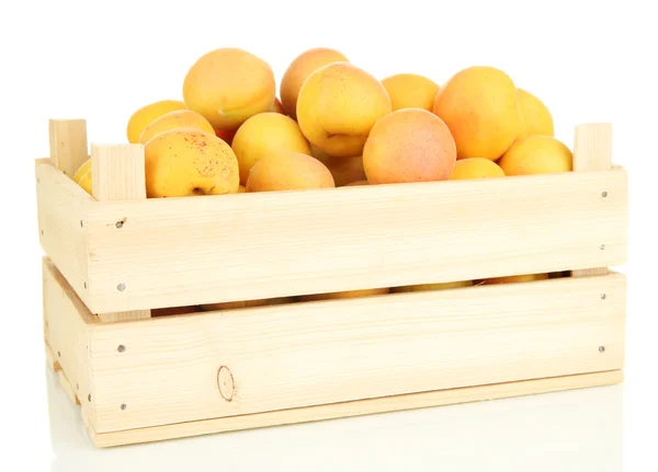 Fresh natural apricot in wooden box isolated on white — Stock Photo, Image