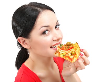güzel kız beyaz izole pizza yakın çekim yer
